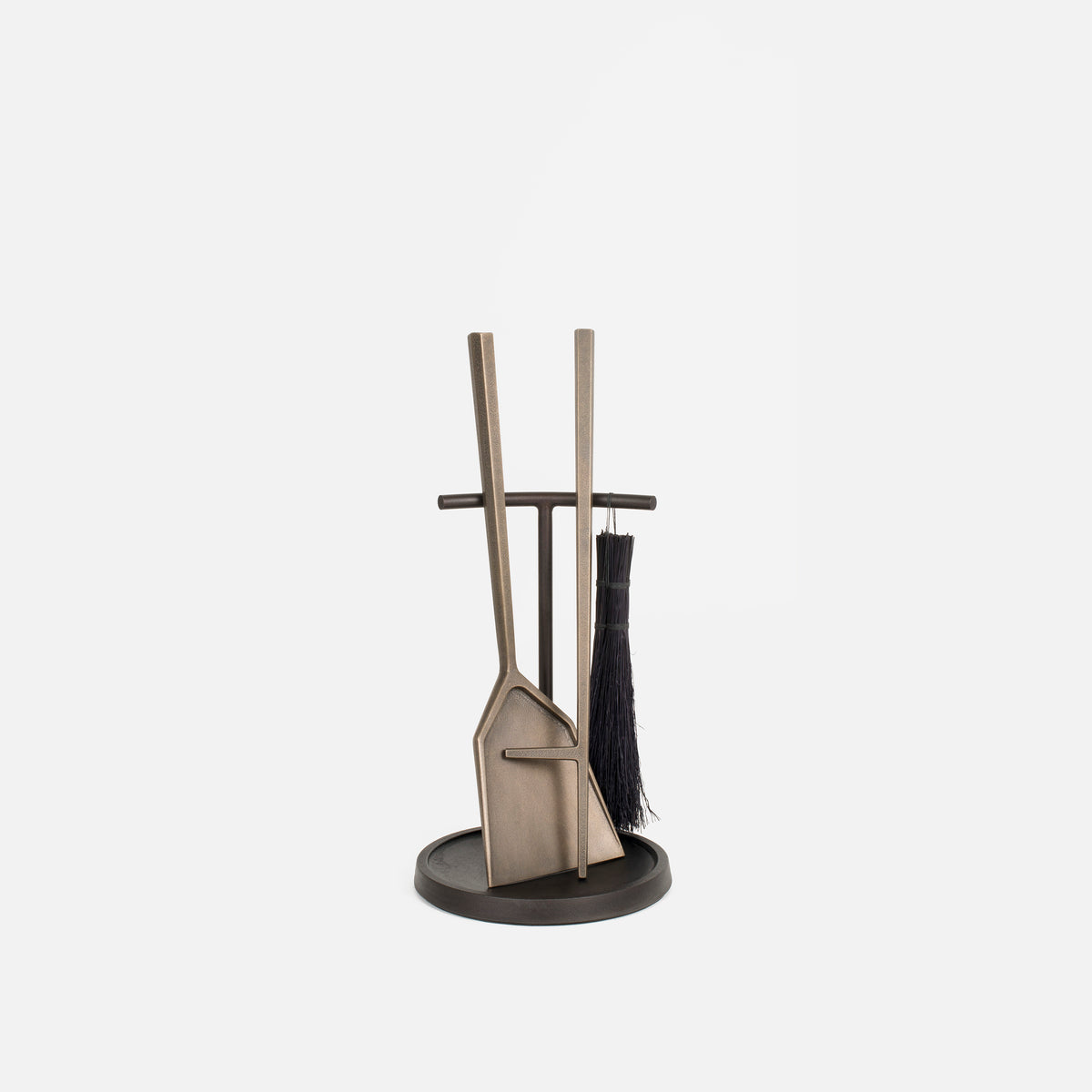 Small cast silicon bronze fireplace tool set by Seru Truex: stand, shovel, poker, and broomcorn brush in oxidized bronze