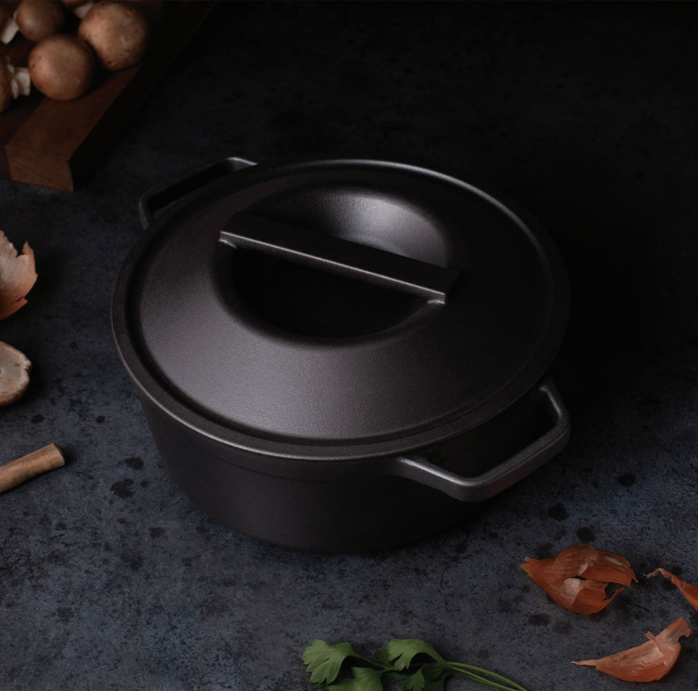 Borough Furnace seasoned cast iron dutch oven, temperature-safe to 800°F
