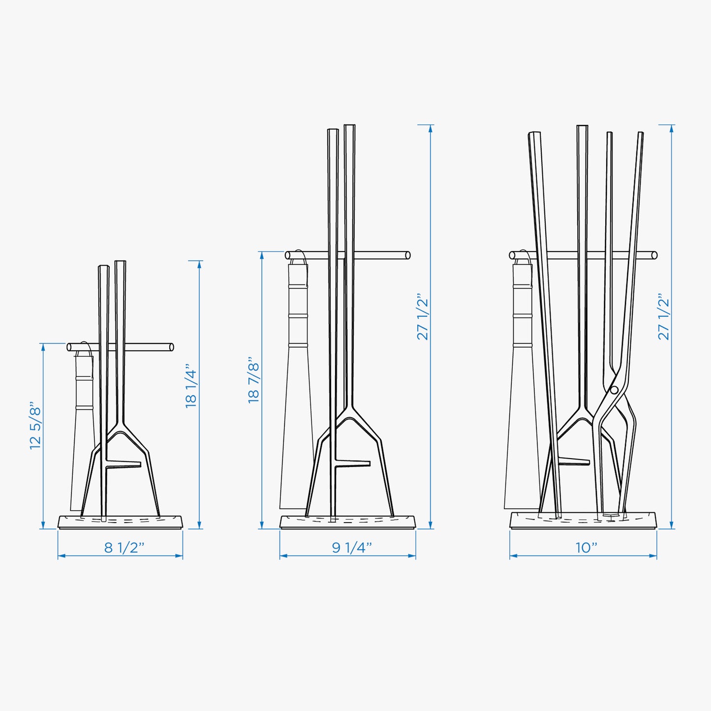 A drawing showing the size comparison of three fireplace tool sets made by Seru Truex.