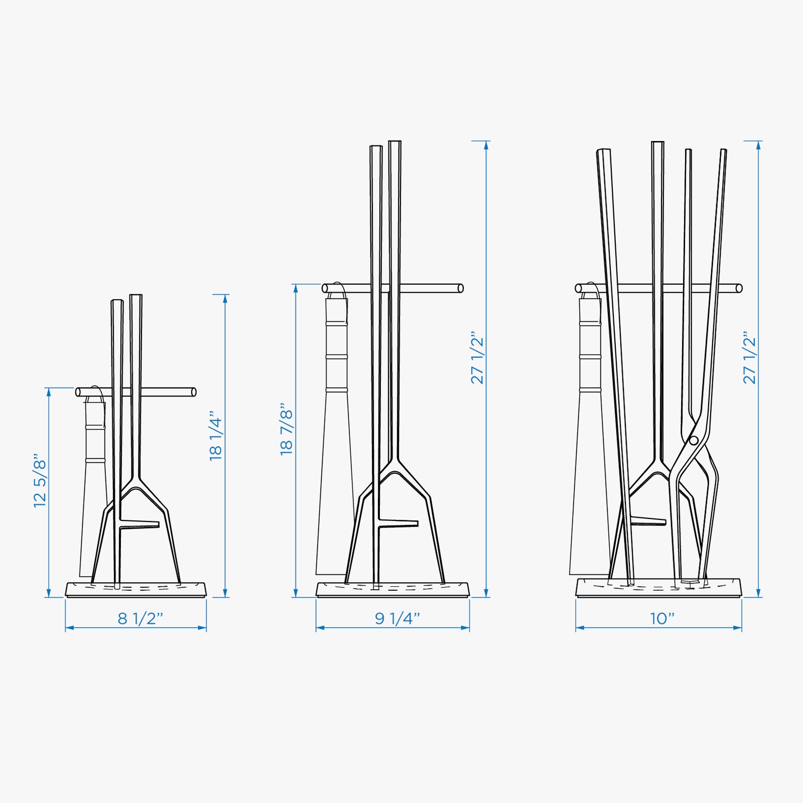 A drawing showing the size comparison of three fireplace tool sets made by Seru Truex.