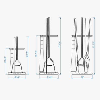 A drawing showing the size comparison of three fireplace tool sets made by Seru Truex.